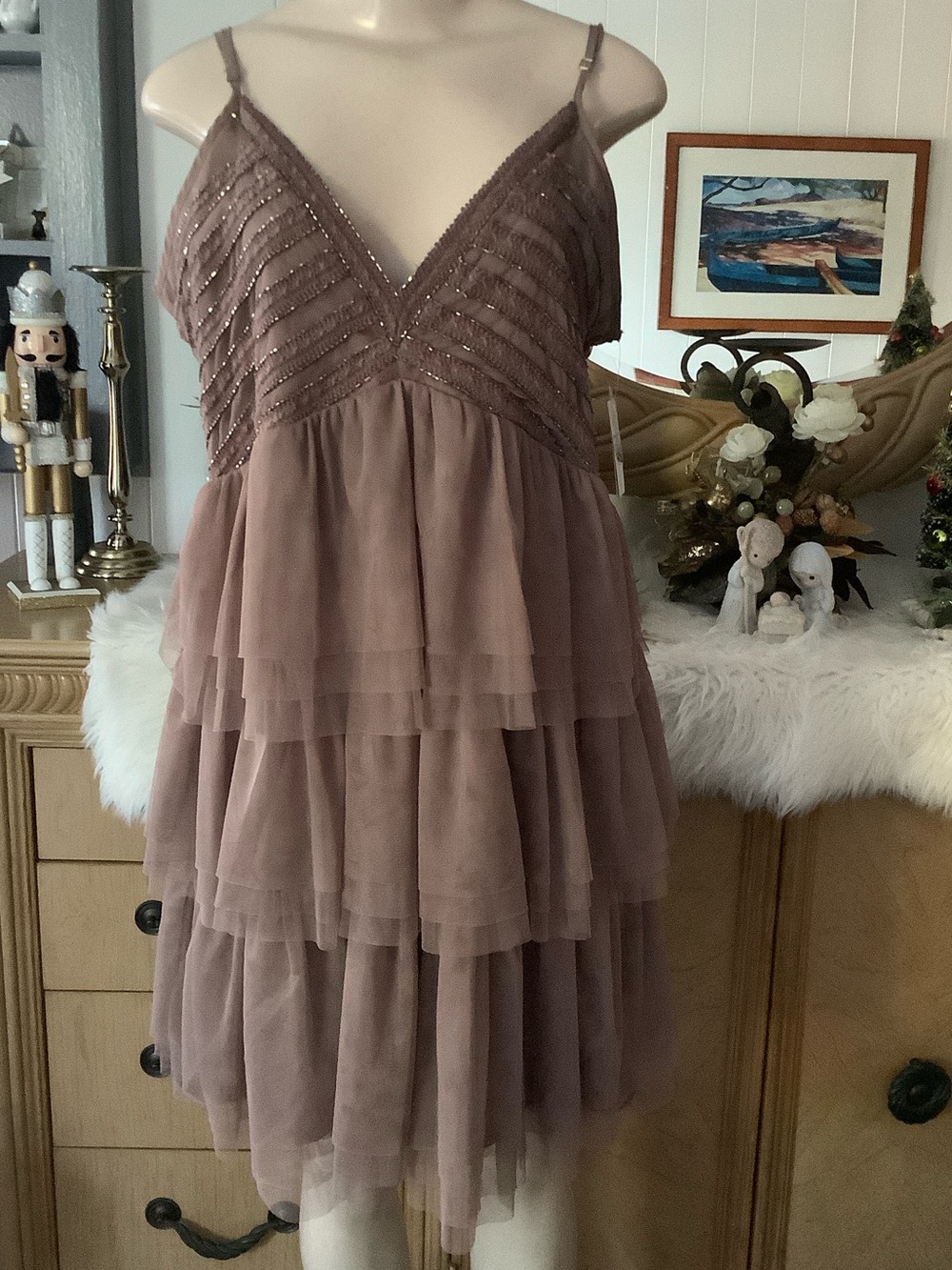 Lucky Brand Women's Dusty Mauve Tiered Chiffon Dress with Beaded Bodice Size XL